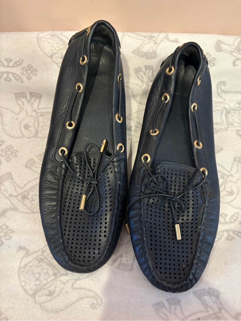 Tory Burch navy Perforated Leathery Moccasins with Gold Accents